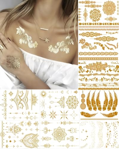 Feather Mandala Floral Gold Metallic Temporary Tattoos - 9 Sheets, Waterproof & Easy to Apply