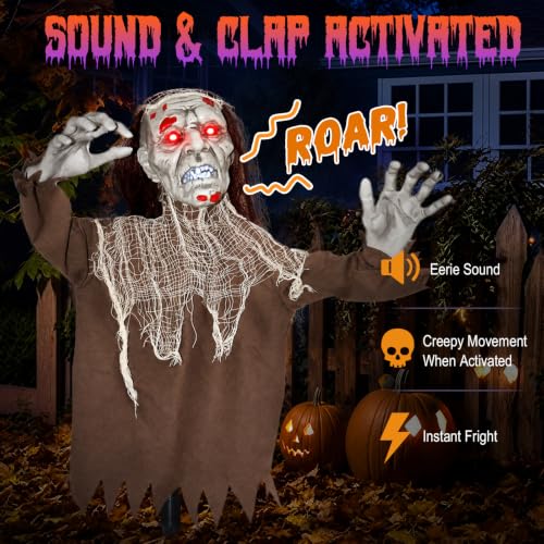 Halloween Creepy Animatronic Zombie Groundbreaker Outdoor Decor with Light-Up Eyes & Spooky Sound