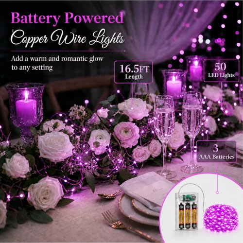 Purple 16ft Battery-Operated Fairy Lights with 8 Modes & Timer - 50 Micro LEDs