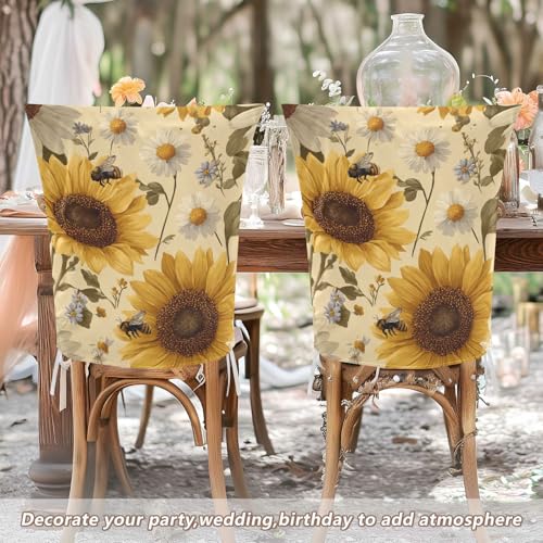 Dining Chair Covers Set of 2 - Sunflowers & Daisy Bees Pattern, Beige, 19.7x23.6 Inches - Halloween & Christmas Decor