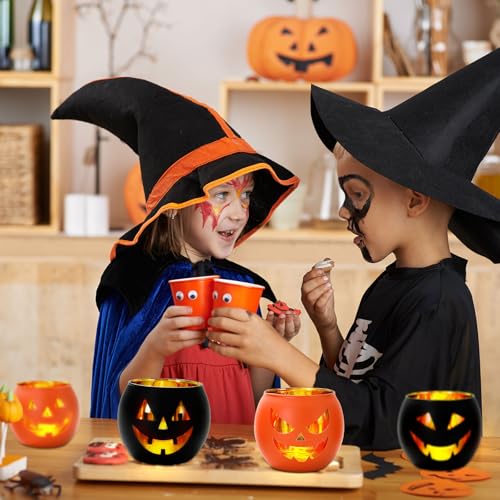 Halloween Candle Holders Set – Black & Orange Pumpkin Face Glass Decor for Parties & Home