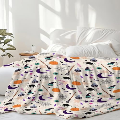 Halloween Fuzzy Fleece Throw Blanket with Spooky Pumpkin Bat Ghost Black Cat Print - White Spider Web, 50x60 Inches