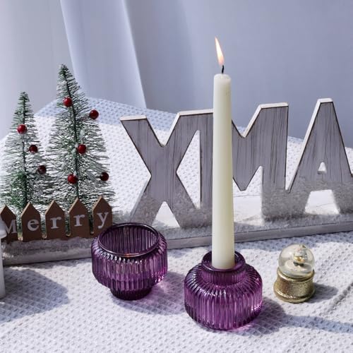 Purple Candlestick Holders Set of 4 - Vintage Glass Taper Candle Holders for Halloween Thanksgiving Christmas Fall Weddings