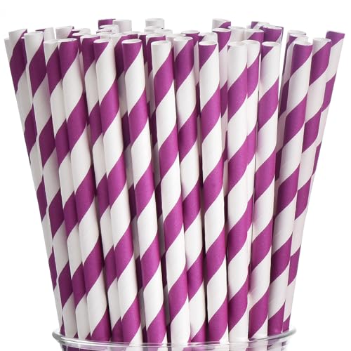 Dark Purple Striped Paper Drinking Straws - 100 Biodegradable Party Supplies