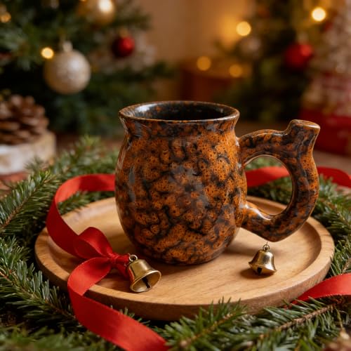 Handcrafted Ceramic Coffee Mug - 13 oz Rustic Orange Handle for Dad