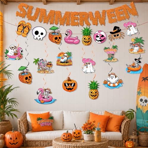Summerween Party Decorations Set with Banner and Hanging Swirls - Halloween Summer Theme