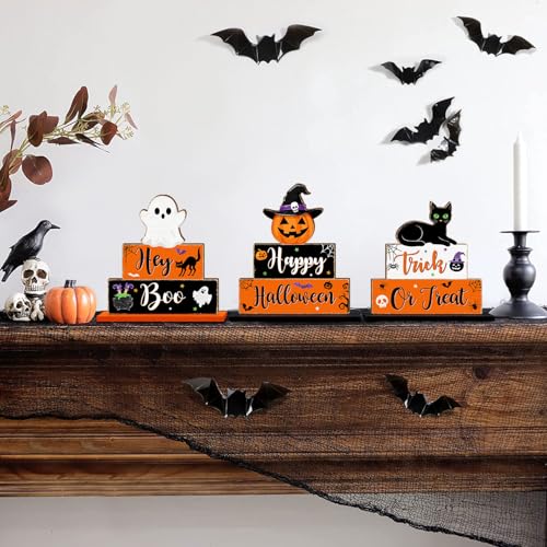 Halloween Wooden Table Signs Set - Ghost Pumpkin Bat Black Cat Decor - 3 Pieces