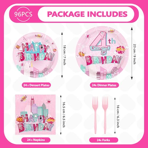 Pink Spider 4th Birthday Party Plates & Decorations - Serves 24 - Variation of Pink Web 4th Plates Kit