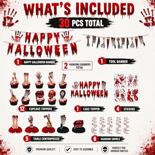 Halloween Horror Party Decorations Kit - Bloody & Creepy Theme, 30 Pieces