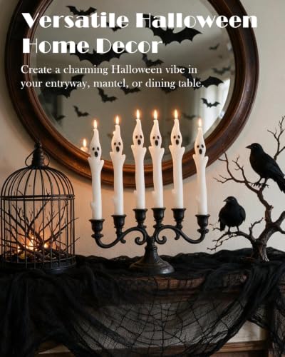 White Ghost Taper Candles Set of 6 - Spooky Halloween Dinner Decor, 10 Inch