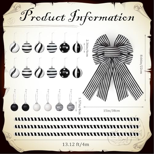 Black & White Christmas Tree Decorations Set - 36 Pcs Holiday Ornaments Kit with Garland & Skirt