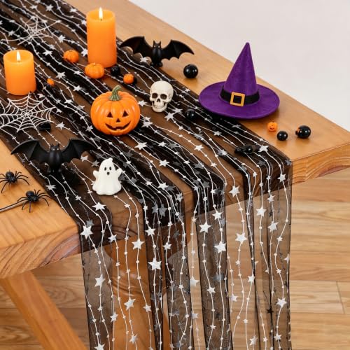 SoarDream Black Silver Foil Star Table Runner 29x120 Inch - Halloween Decor