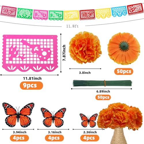 Day of the Dead Decorations Set - Orange 71 Pcs with Marigolds, Banners & Butterflies