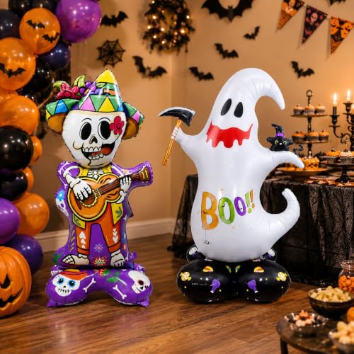 Halloween Standing Ghost and Sugar Skull Foil Balloons Set - Reusable Party Decor