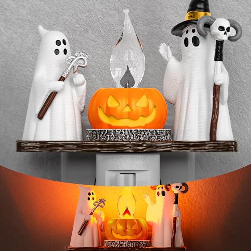 Amber Ghost Campfire Halloween Night Light - Spooky Flickering Ghost Lamp - 1 Pack