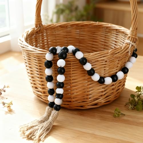 Halloween Wooden Bead Garland - Black & White Rustic Xmas Decor, 39 Inch