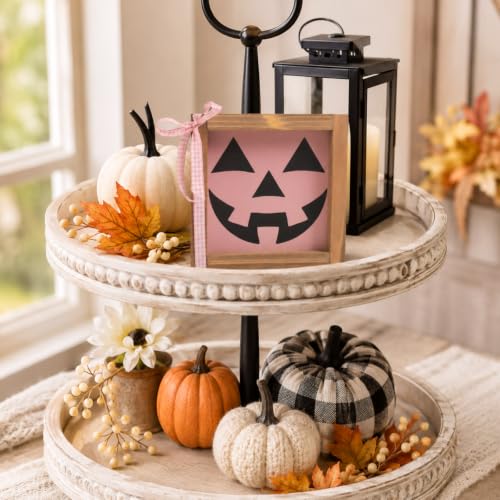 Pink Halloween Decor Pumpkin Face Sign - Pink Face Variation, Rustic Wood Home Table Wall Shelf Decor