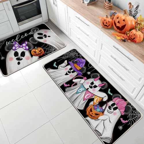 Halloween Ghost Kitchen Rugs Set of 2 - Non-Slip Decorative Doormat with Jack O Lantern & Spider Web Pattern - Variation: Ghost