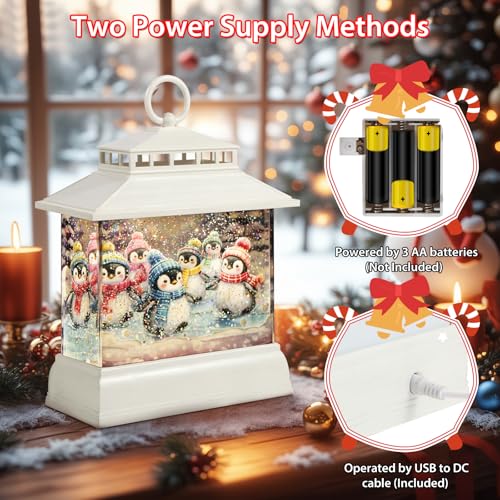 Christmas Snow Globe Lantern with Penguins - Water Glitter & Music, 8 Songs, 6H Timer, Remote & USB Power