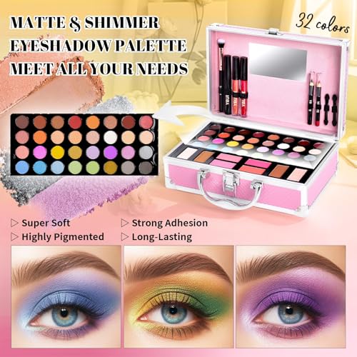 Pink Beginner Makeup Kit for Teens & Women with 32 Eyeshadows & Cosmetics Case - Includes Lip Gloss, Mascara, Brushes, Mirror