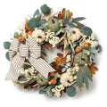 Fall Wreath with LED Lights - White & Green Pumpkins, Rustic Decor - 24 Inch