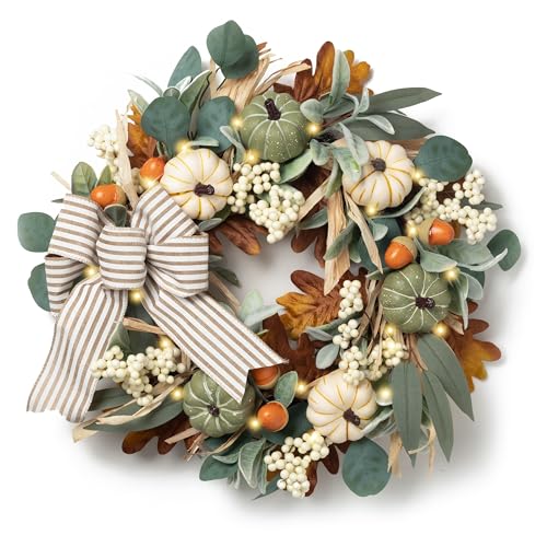 Fall Wreath with LED Lights - White & Green Pumpkins, Rustic Decor - 24 Inch