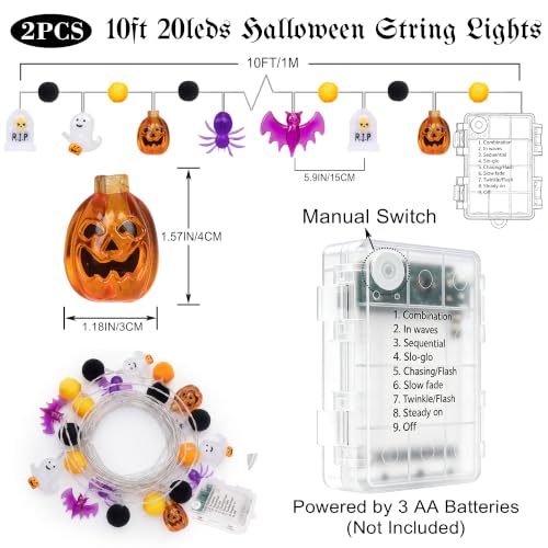 2PCS Halloween Pumpkin String Lights - Battery Operated 10FT with Ghosts Bats Spiders
