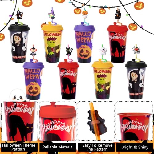 48 Pack Halloween Party Cups with Lids & Straws - Festive Favors & Decor - Variation of 48