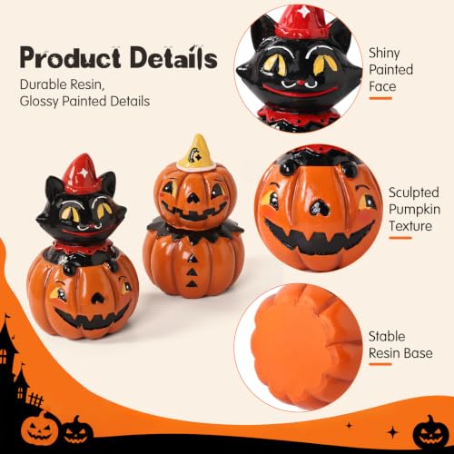 Halloween Decor Black Cat & Pumpkin Resin Figurines - Indoor Festive Table Centerpieces