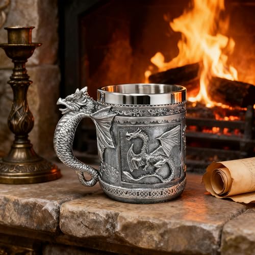 Silver Medieval Roaring Dragon Beer Mug 16oz - Gothic Viking Tankard, Unique Gift