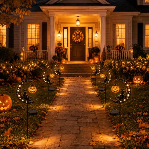 Solar Halloween Black Cat & Pumpkin Garden Stake Light Outdoor Decor