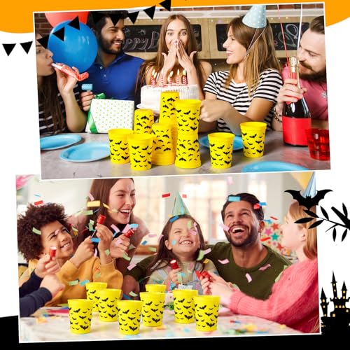 16 oz Bat Party Cups Set - Black and Yellow Plastic Drinking Cups for Birthday & Themed Parties