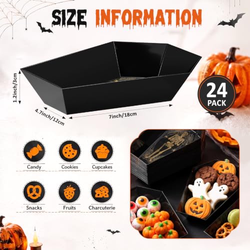 Halloween Candy Bowls Set - 24 Black Coffin-Shaped Plastic Trays with Skeleton & Spiderweb Details - Variation: Skeleton Coffin / Black / 24
