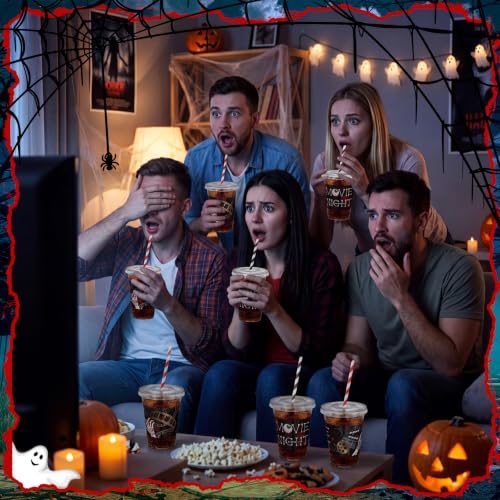 Horror Movie Night Plastic Cups with Lids & Straws - Black & Red Variation