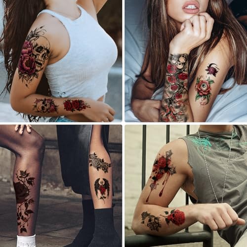 Spooky Flower Skull & Rose Temporary Tattoo Set - Large 77 Sheets for Halloween & Festivals