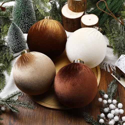 Velvet Christmas Ornaments Balls - 4 Inch Brown Shatterproof Holiday Decor - Set of 12