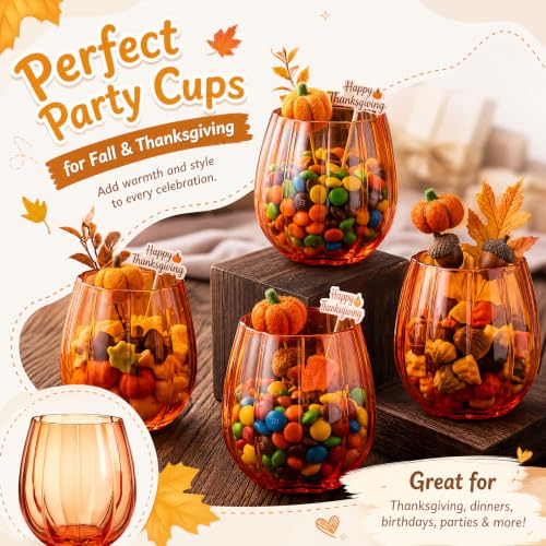 Pumpkin Wine Glasses Set of 4 - 20oz Stemless Fall Drinkware, Orange, Halloween Decor