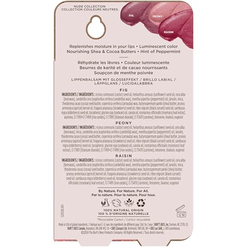 Burt's Bees Lip Shimmer Nude Collection for Valentine's Day Gifts, Tinted Lip Balm Stick, Moisturizing for All Day Hydration with Natural Glowy Pigmented Finish & Buildable Color, Value Pack, 3 Tubes