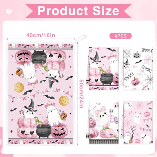 Pink Halloween Kitchen Dish Towels Set - 4PCS Pumpkin Ghost & Bat Hand Towels - Spooky Holiday Decor