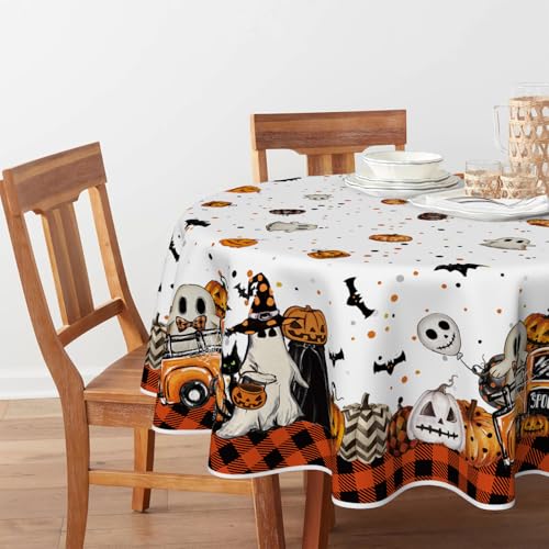 Halloween Tablecloth 70x70 Inch Round Buffalo Plaid Pumpkin Orange