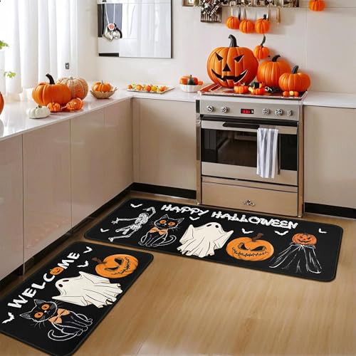 Halloween Pumpkin Skull Ghost Black Cat Doormat Set - Non Slip Absorbent Kitchen Rugs, 17x30 & 17x47 Inches, Black-D Variation