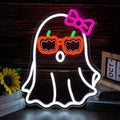 Ghost Pumpkin Glasses Neon Sign LED Light Halloween Wall Decor - Pink Bow Variation
