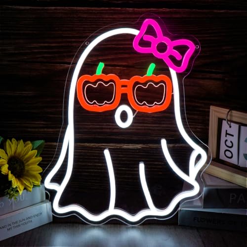 Ghost Pumpkin Glasses Neon Sign LED Light Halloween Wall Decor - Pink Bow Variation