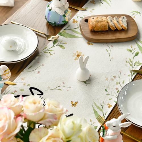 Easter Table Runner 13x48 Inch Bunny Rabbit Butterfly Eggs Flowers Seasonal Decor Beige