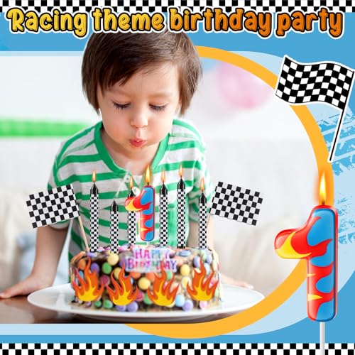 Race Car Birthday Number 1 Candle & Checkered Cake Topper Set - Racing Theme