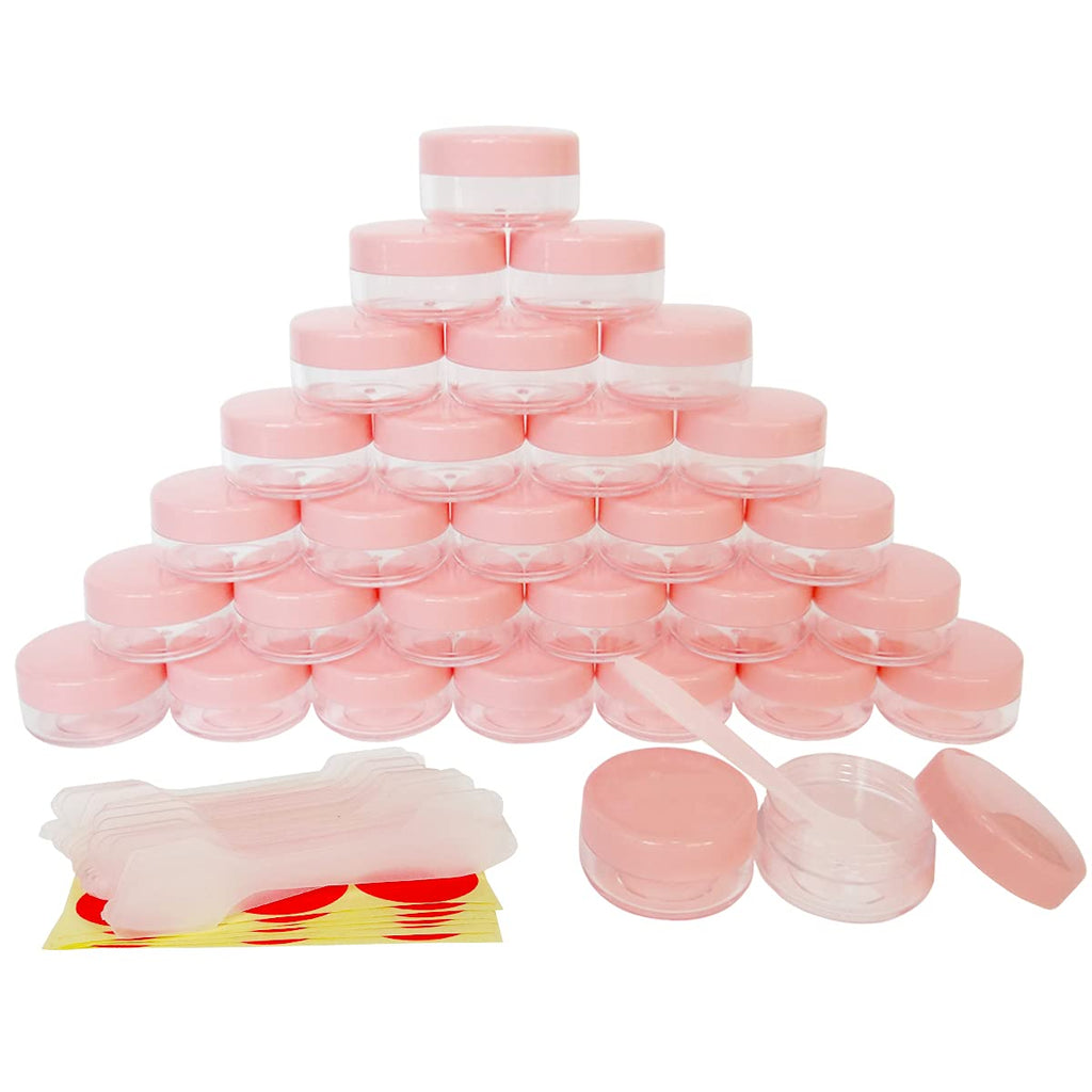 Wopanxye 30pcs 10g Empty Small Plastic Makeup Sample Jar with Pink Lid, BPA Free, 10ml Clear Pot Round Container for Travel Cosmetic Lip Gloss Balm Cream Butter Powder Toner Eye-shadow Chapstick Wax