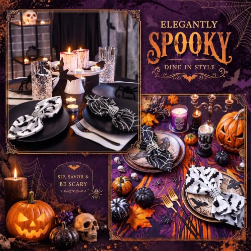 Halloween Cloth Napkins & Skeleton Claw Napkin Rings Set - Spider Web Black & White Variation