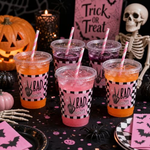 FillTouch 50 Pcs Halloween Skeleton Bone Plastic Cups with Lids & Straws - Bad Two the Bone Variation
