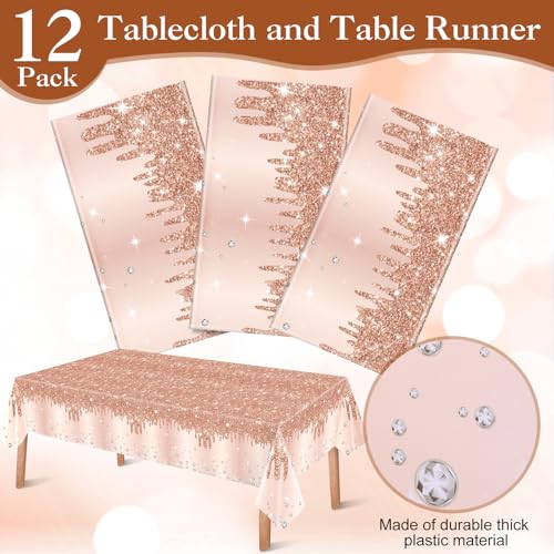 Rose Gold Glitter Diamond Plastic Tablecloth 54x108 Inch - 12 Pack Party Supplies