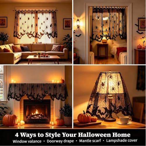 Black Lace Halloween Kitchen Curtains Set - Spider Web Bat Gothic Valances, 2-Pack, 60"W x 20"L Variation of 2